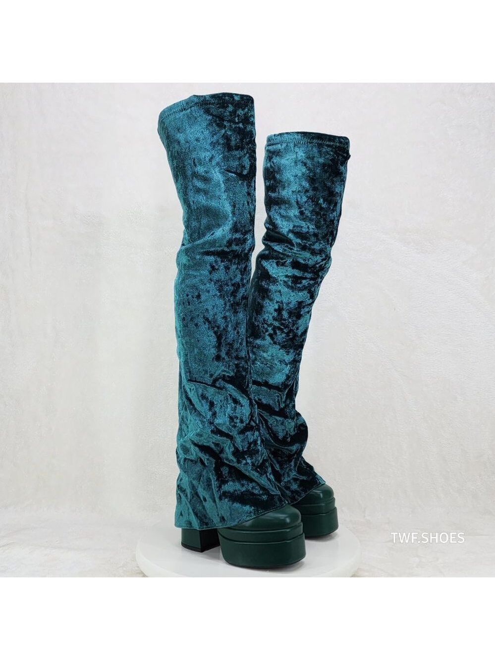 Good Will Unique Thigh High Emerald Velvet Fold over Chunky Heel Platform Boots - Picture 8 of 15